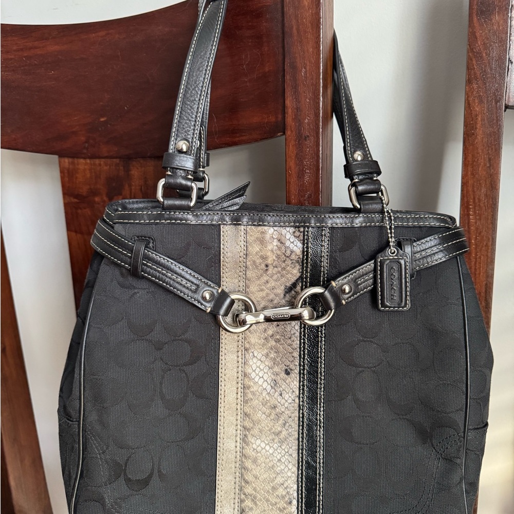 Coach Signature Python Black and Pewter Women's Shoulder Handbag F13993